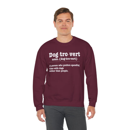 Man wearing the Dogtrovert definition sweatshirt, front view