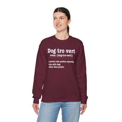 Woman wearing the Dogtrovert definition sweatshirt, front view