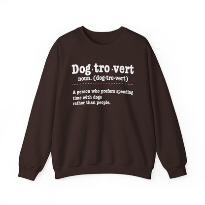 Dark Chocolate Dogtrovert definition sweatshirt with white dictionary print, front view