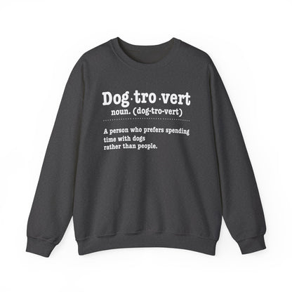 Dark Heather Dogtrovert definition sweatshirt with white dictionary print, front view