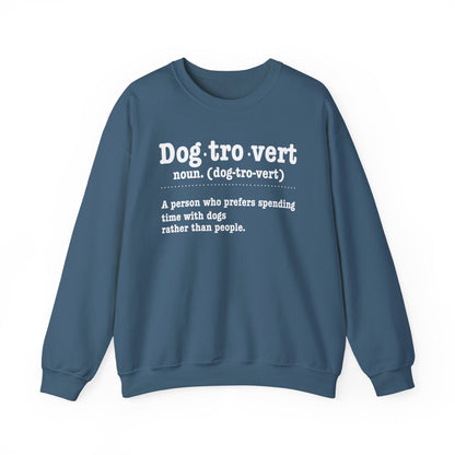 Indigo Blue Dogtrovert definition sweatshirt with white dictionary print, front view