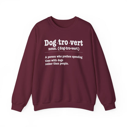 Maroon Dogtrovert definition sweatshirt with white dictionary print, front view