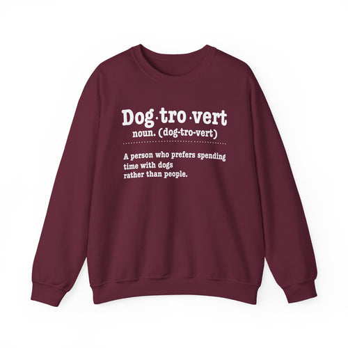 Maroon Dogtrovert definition sweatshirt with white dictionary print, front view
