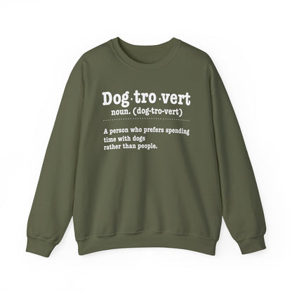 Military Green Dogtrovert definition sweatshirt with white dictionary print, front view