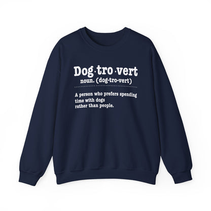 Navy Dogtrovert definition sweatshirt with white dictionary print, front view