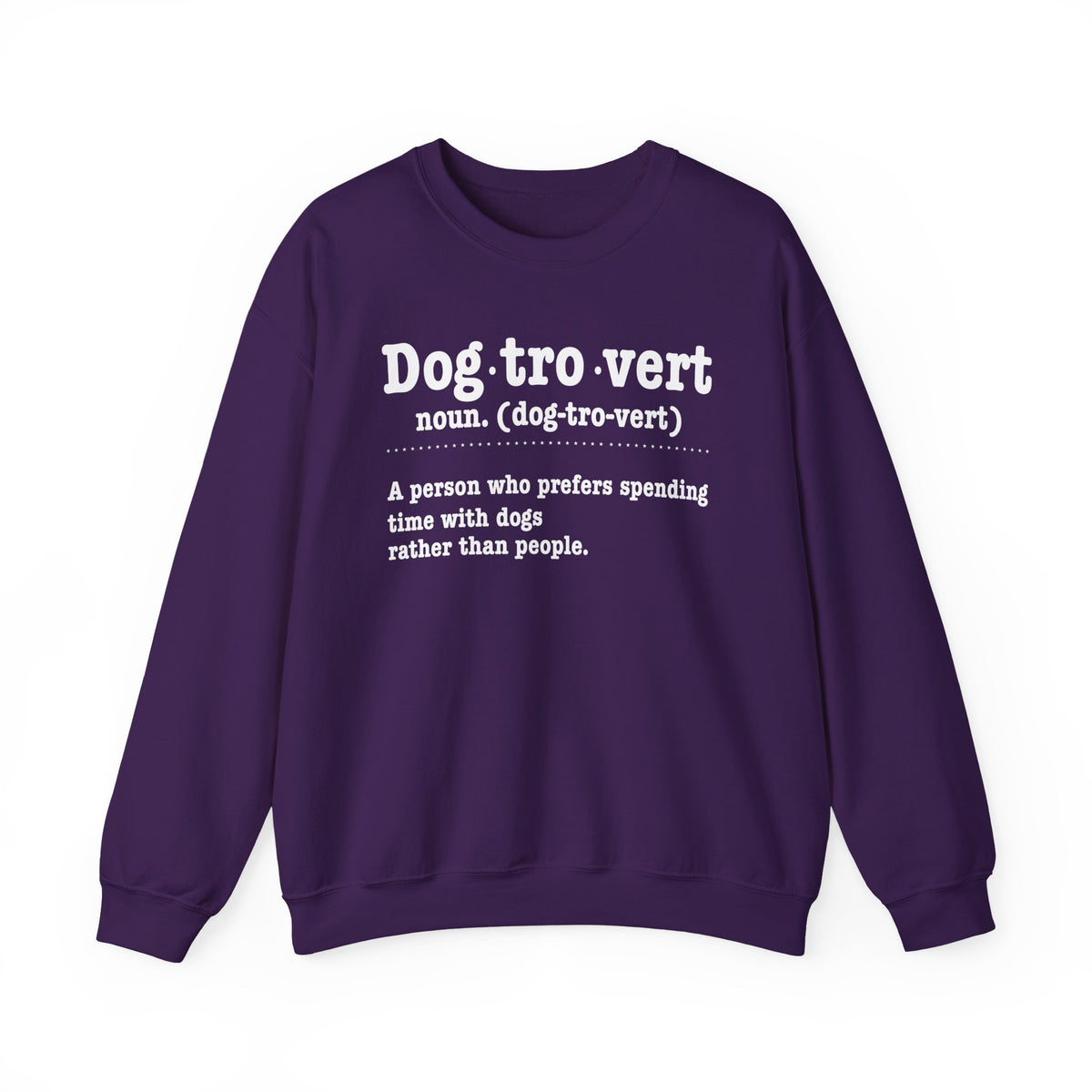 Purple Dogtrovert definition sweatshirt with white dictionary print, front view