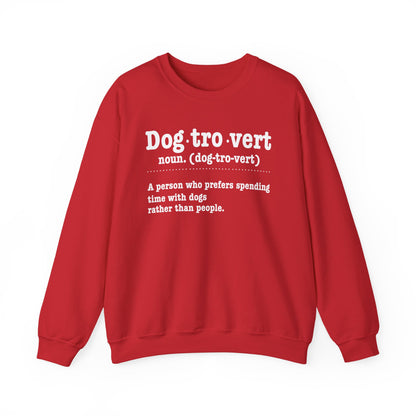 Red Dogtrovert definition sweatshirt with white dictionary print, front view