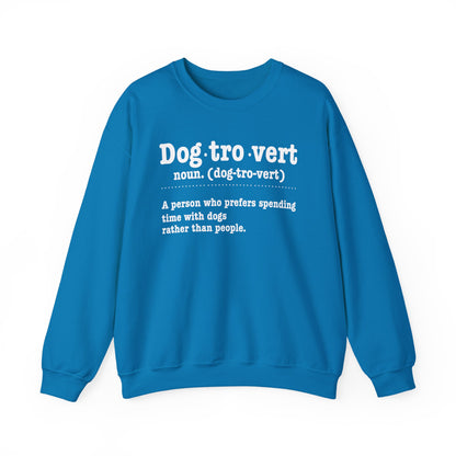 Sapphire Dogtrovert definition sweatshirt with white dictionary print, front view
