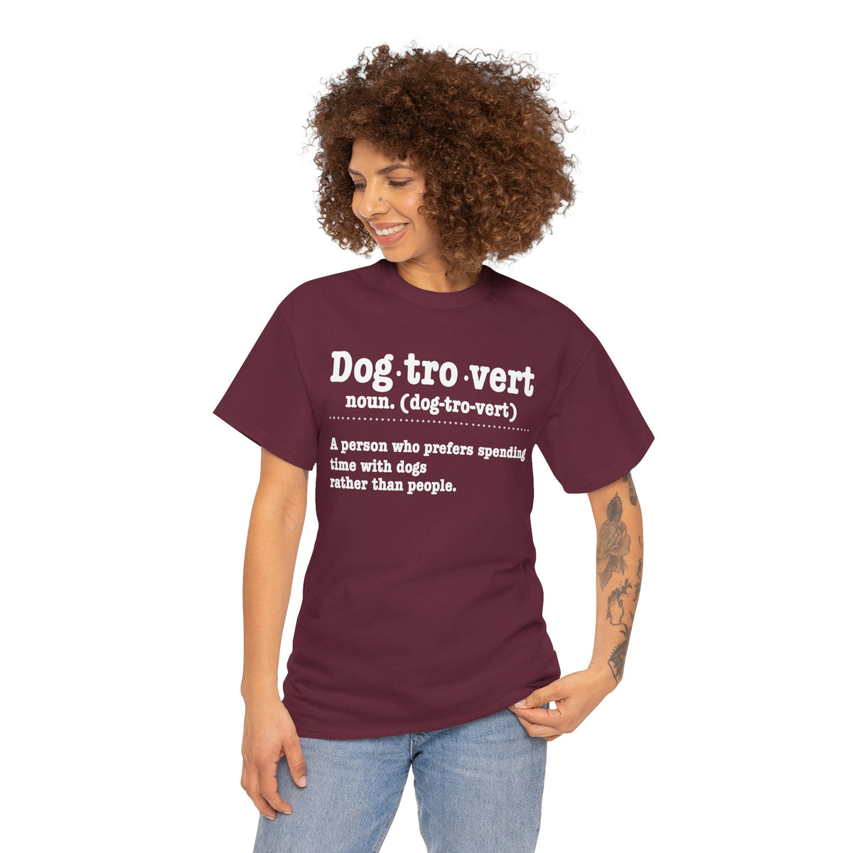 Woman wearing the Dogtrovert definition t-shirt, front view