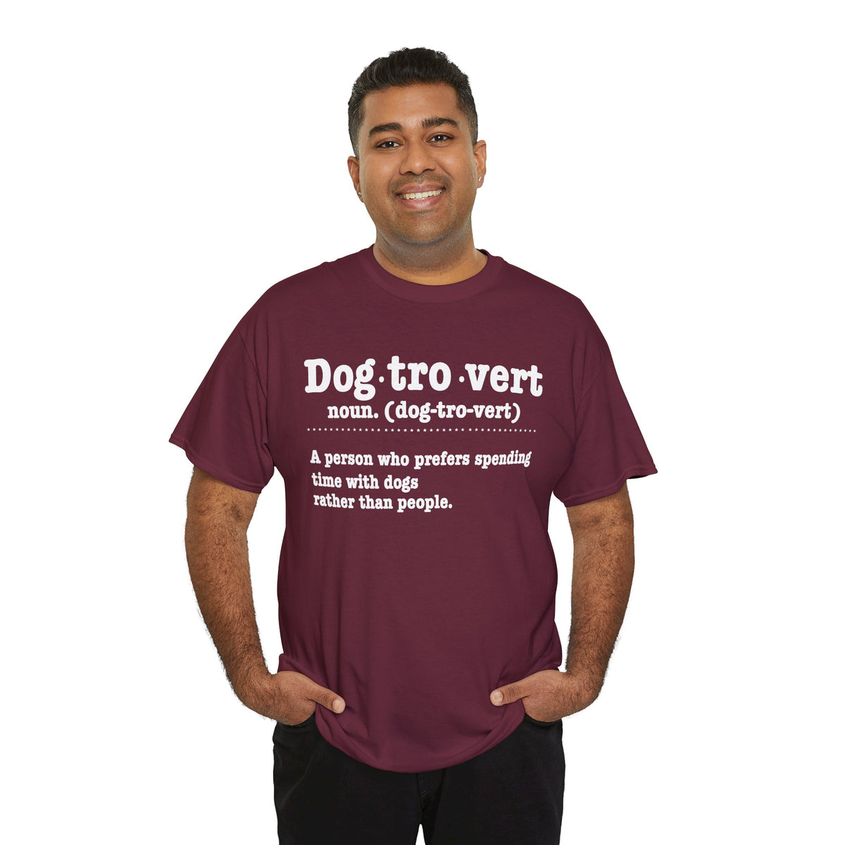 Man wearing the Dogtrovert definition t-shirt, front view
