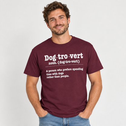 Man wearing the Dogtrovert definition t-shirt, hands in pocket