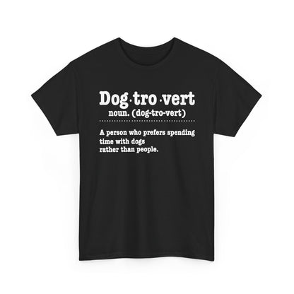 Black Dogtrovert definition t-shirt with white dictionary print, front view