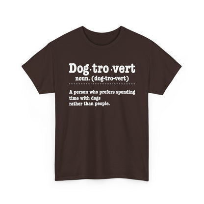Dark Chocolate Dogtrovert definition t-shirt with white dictionary print, front view
