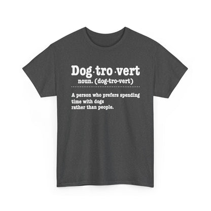 Dark Heather Dogtrovert definition t-shirt with white dictionary print, front view