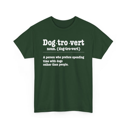Forest Green Dogtrovert definition t-shirt with white dictionary print, front view