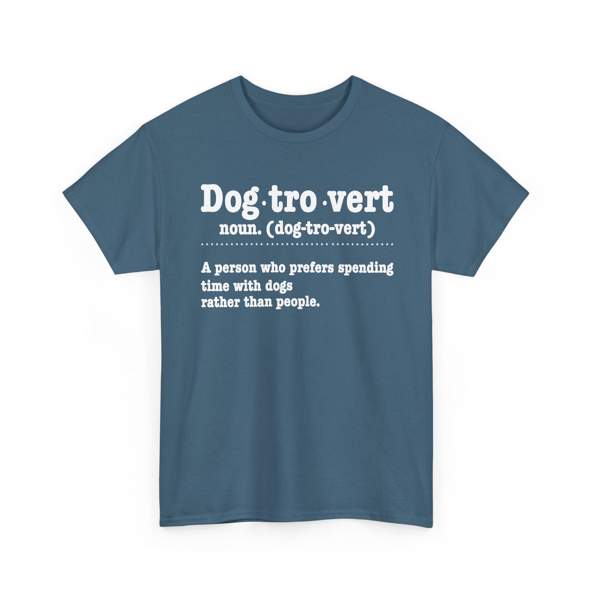 Indigo Blue Dogtrovert definition t-shirt with white dictionary print, front view