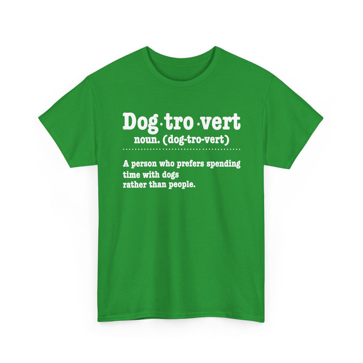 Irish Green Dogtrovert definition t-shirt with white dictionary print, front view