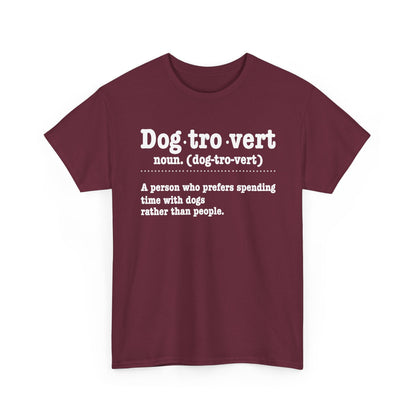 Maroon Dogtrovert definition t-shirt with white dictionary print, front view