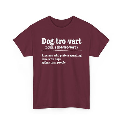 Maroon Dogtrovert definition t-shirt with white dictionary print, front view