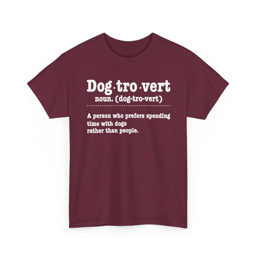 Maroon Dogtrovert definition t-shirt with white dictionary print, front view