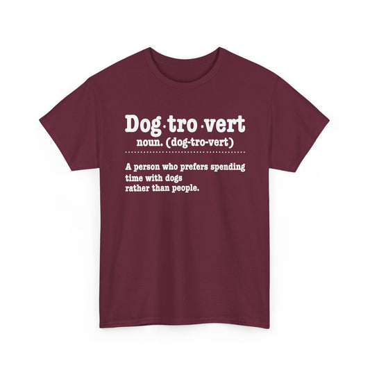 Maroon Dogtrovert definition t-shirt with white dictionary print, front view