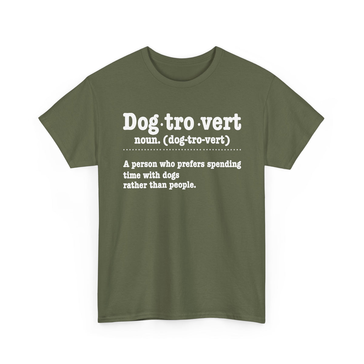 Military Green Dogtrovert definition t-shirt with white dictionary print, front view