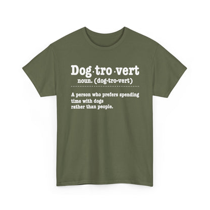 Military Green Dogtrovert definition t-shirt with white dictionary print, front view