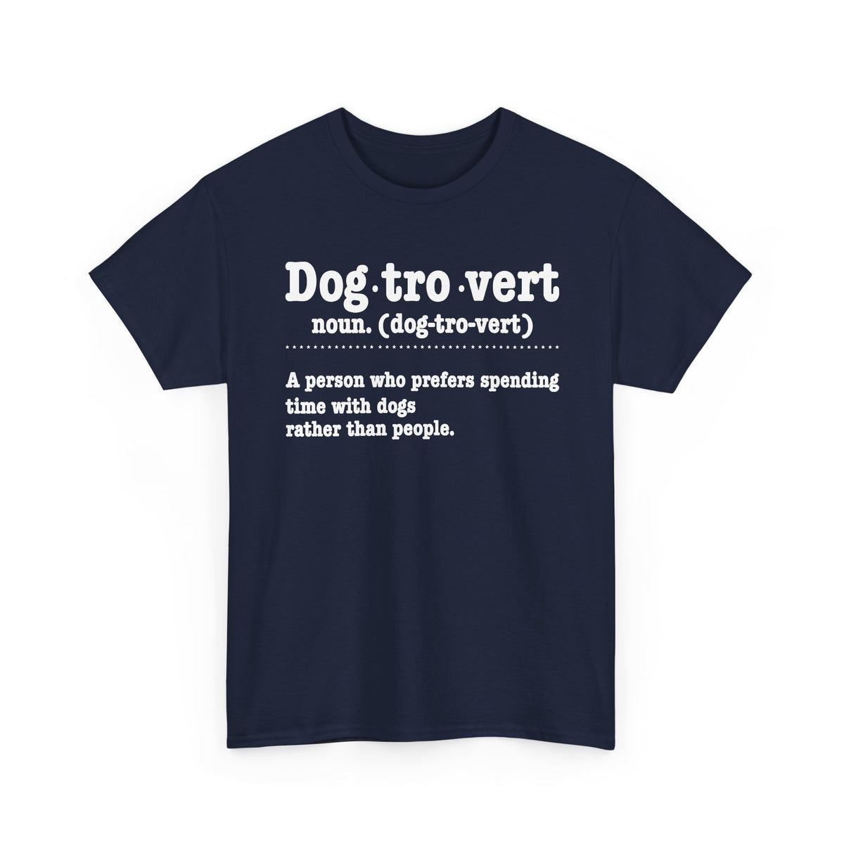 Navy Dogtrovert definition t-shirt with white dictionary print, front view
