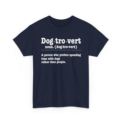 Navy Dogtrovert definition t-shirt with white dictionary print, front view