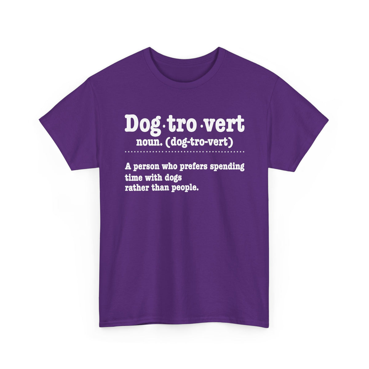 Purple Dogtrovert definition t-shirt with white dictionary print, front view