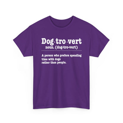 Purple Dogtrovert definition t-shirt with white dictionary print, front view