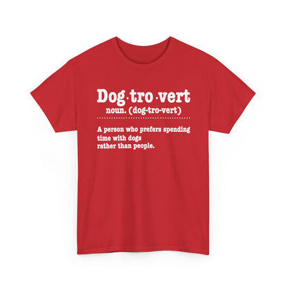 Red Dogtrovert definition t-shirt with white dictionary print, front view