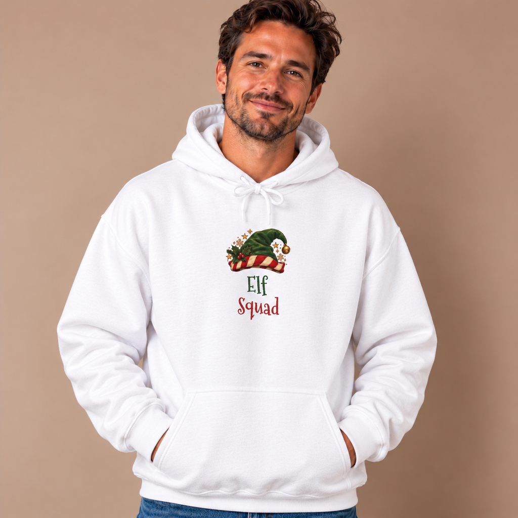 Man wearing the White Elf Squad Hoodie with jeans