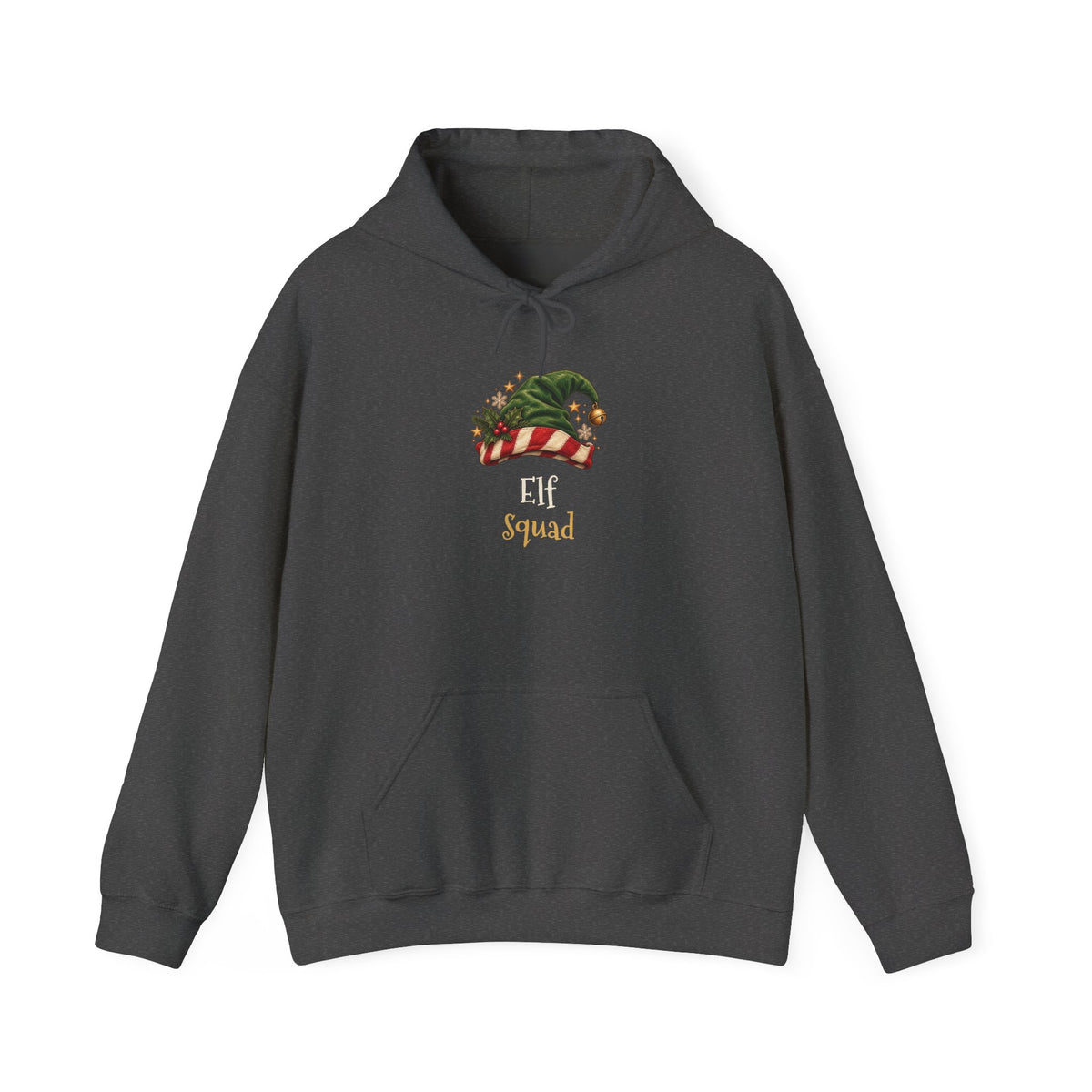 Dark Heather Elf Squad hoodie with a green elf hat and holly, front view
