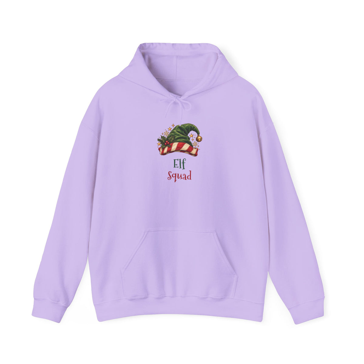 Orchid Elf Squad hoodie with a green elf hat and holly, front view