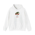 White Elf Squad hoodie with a green elf hat and holly, front view