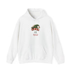 White Elf Squad hoodie with a green elf hat and holly, front view