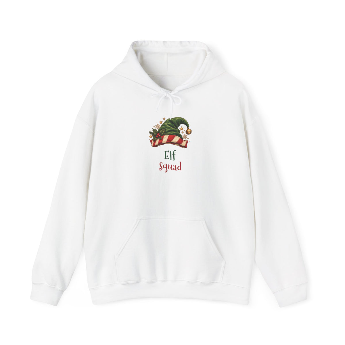 White Elf Squad hoodie with a green elf hat and holly, front view