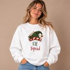 Woman wearing the White Elf Squad Sweatshirt with jeans