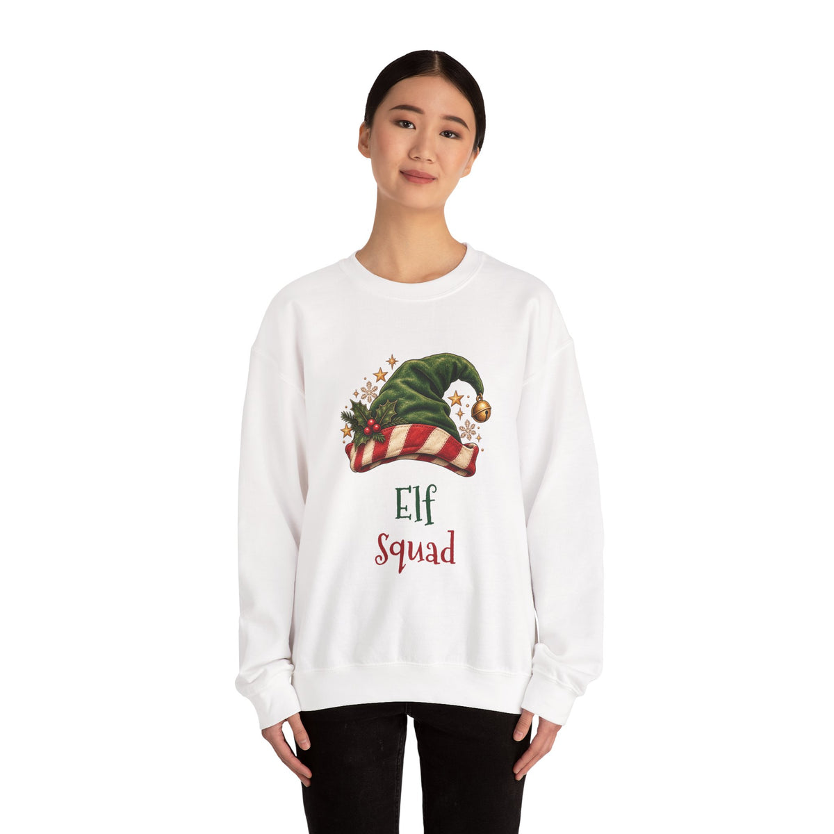 Woman wearing the Elf Squad Sweatshirt