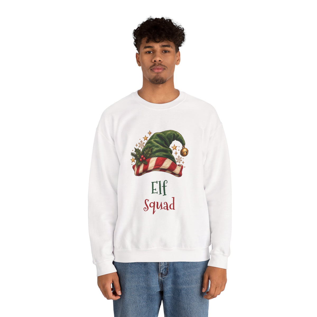 Man wearing the Elf Squad Sweatshirt