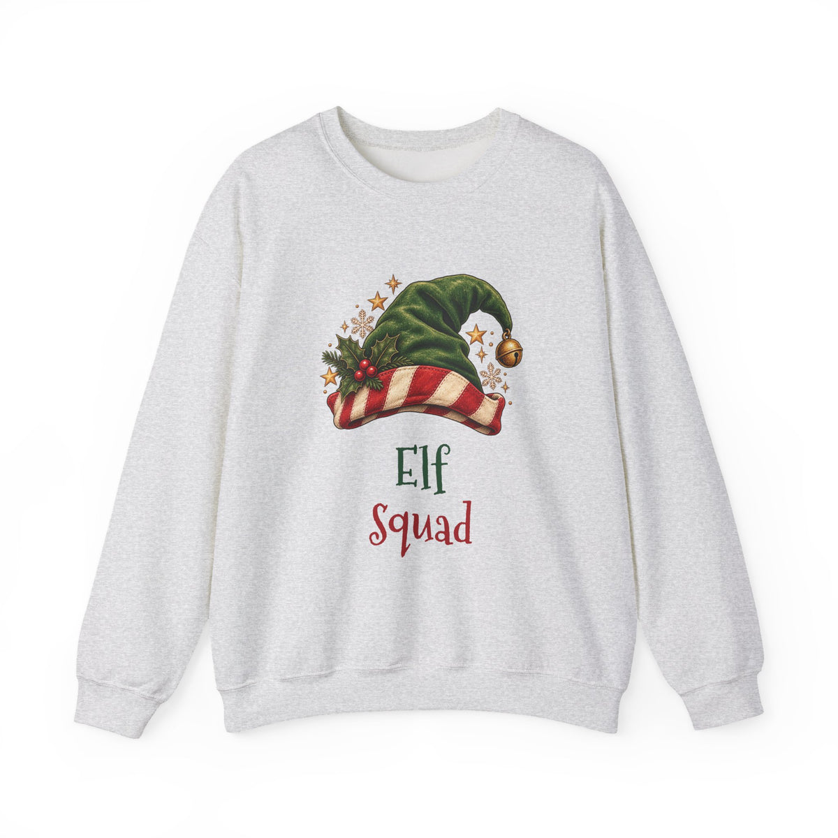 Ash Elf Squad sweatshirt with a green elf hat and holly, front view