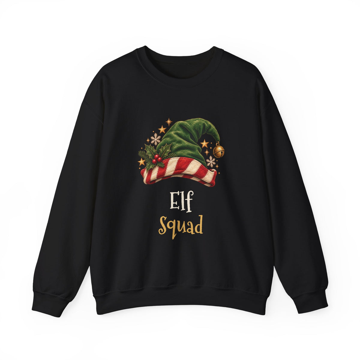Black Elf Squad sweatshirt with a green elf hat and holly, front view
