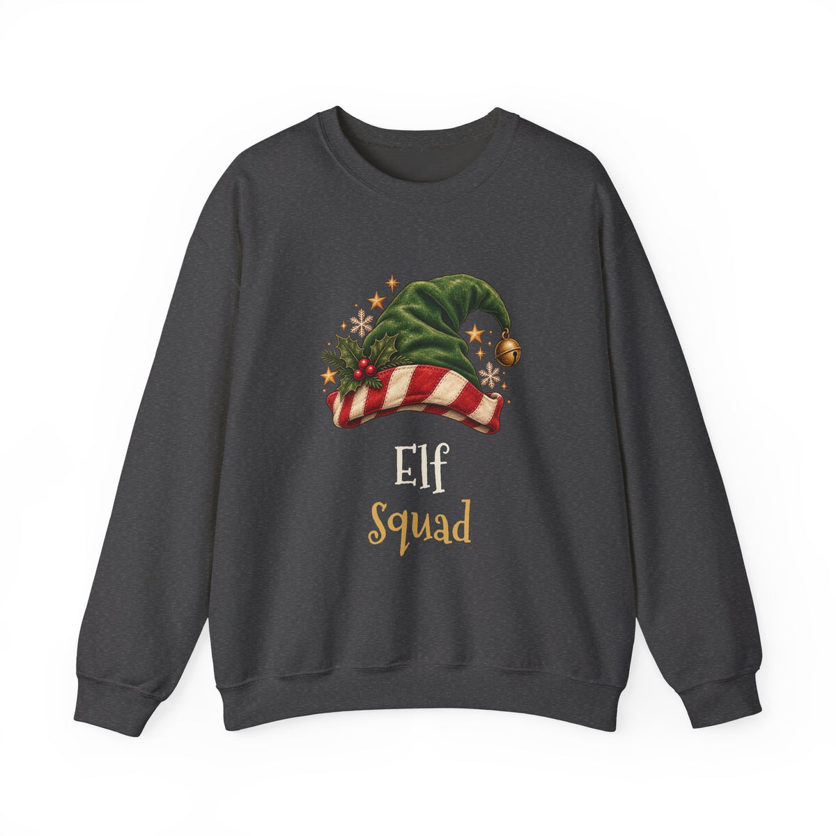Dark Heather Elf Squad sweatshirt with a green elf hat and holly, front view