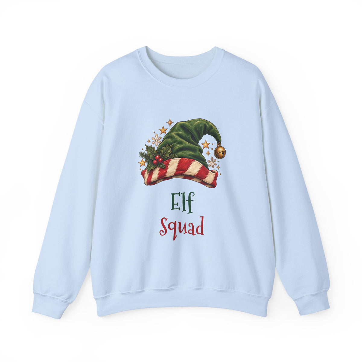 Light Blue Elf Squad sweatshirt with a green elf hat and holly, front view