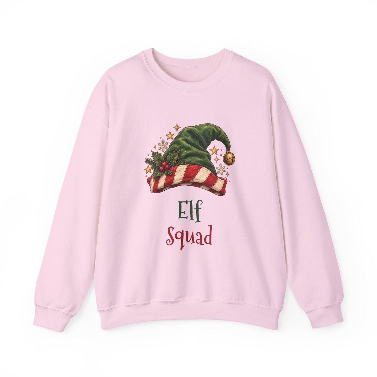 Light Pink Elf Squad sweatshirt with a green elf hat and holly, front view