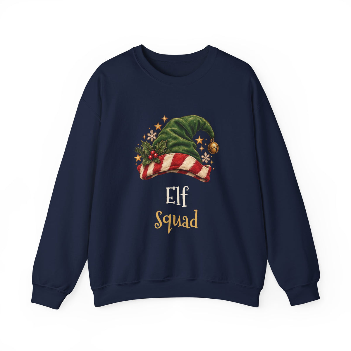 Navy Elf Squad sweatshirt with a green elf hat and holly, front view