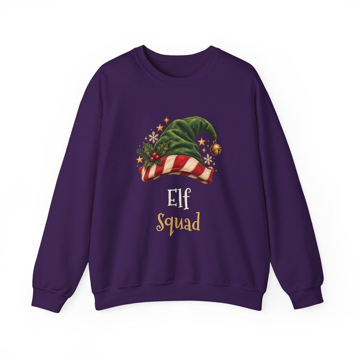 Purple Elf Squad sweatshirt with a green elf hat and holly, front view
