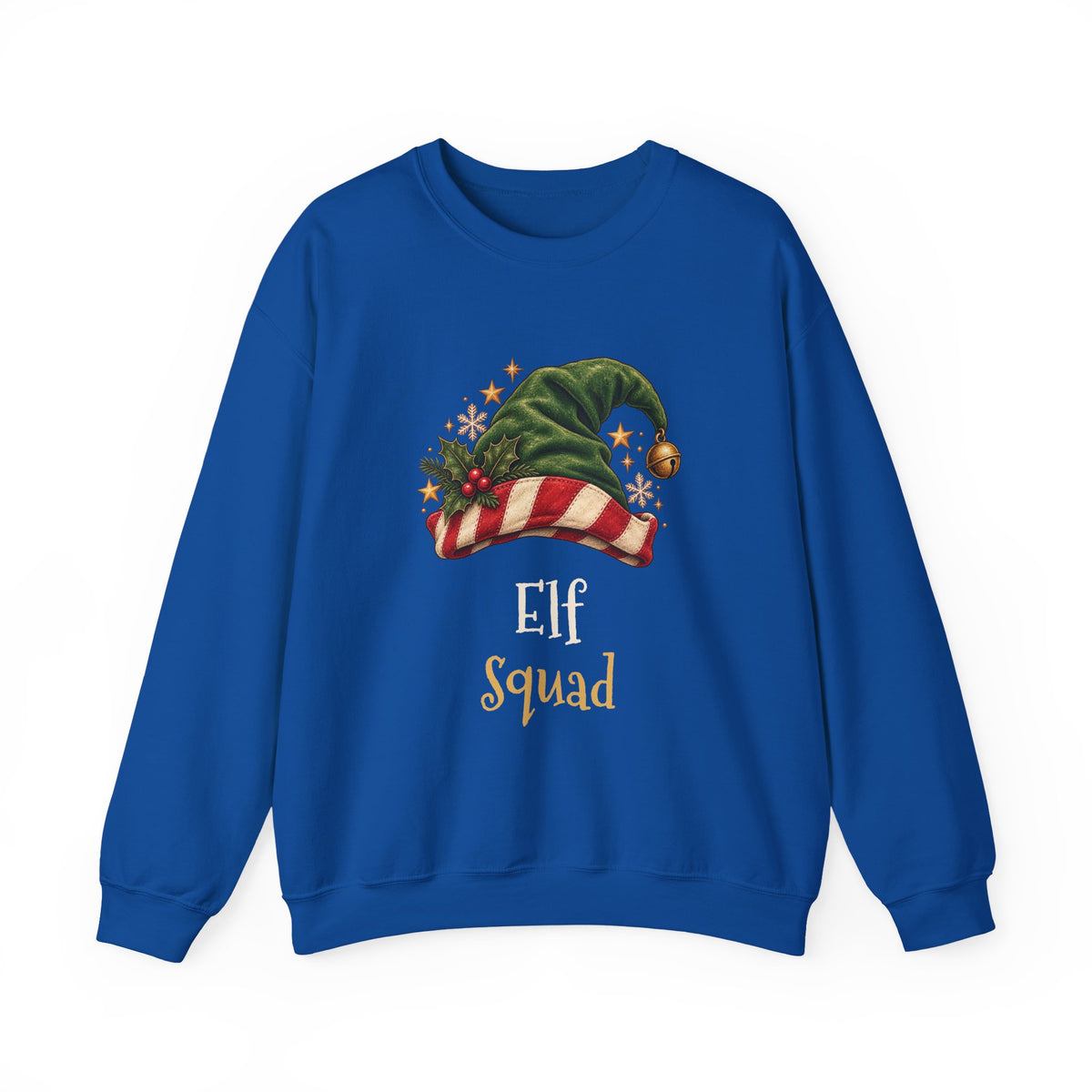Royal Elf Squad sweatshirt with a green elf hat and holly, front view