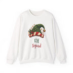 White Elf Squad sweatshirt with a green elf hat and holly, front view